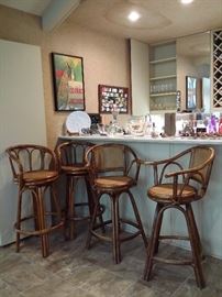 Bar stools, vintage poster & matchbooks & bar stuff
