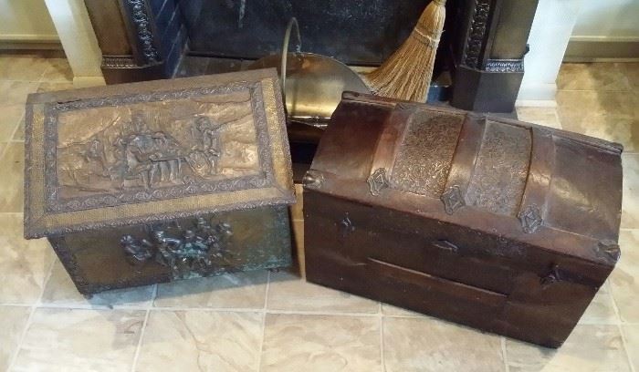 Antique coal box, trunk, & fireplace tools