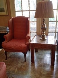 Wing back chair & wicker lamp table