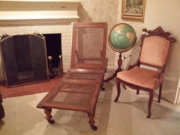 Antique chaise lounge, vintage lighted globe, antique Eastlake chair