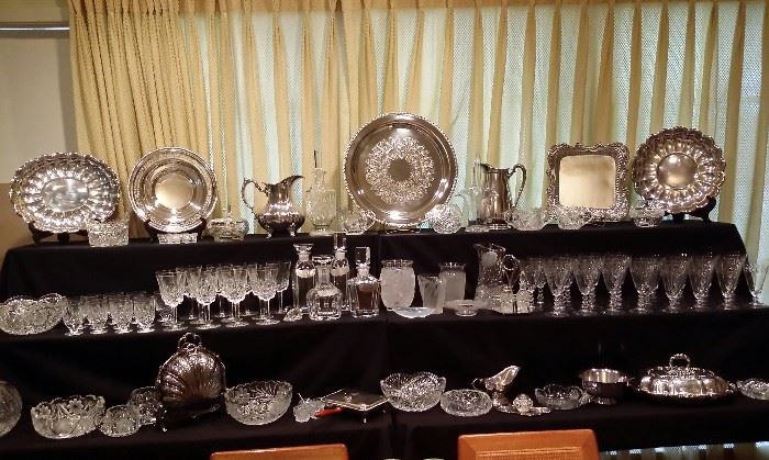 Silver plate serving pieces, cut crystal, crystal decanters, Waterford crystal wine & juice glasses, Sabino, Lalique