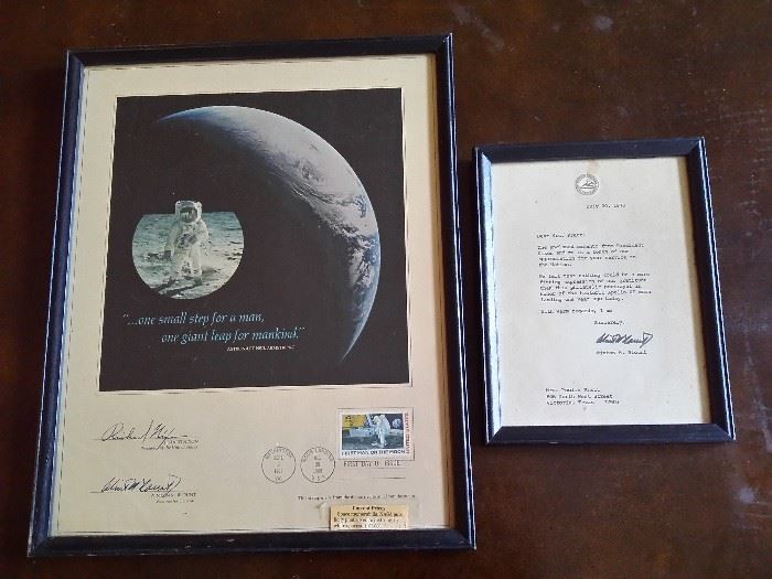 First Man on the Moon first issue stamp with a portrayal of Neil Armstrong walking on the moon in honor of the Apollo XI moon landing.  Signed by Neil Armstrong.  The letter that came with it is signed by President Nixon.