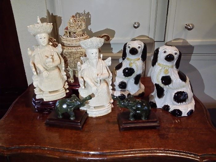 Pair of jade elephants, Fitz & Floyd Staffordshire dogs, faux ivory emperor and empress