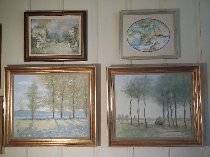 Original oil by A. Montexiro (top left), watercolor by Peter Hsu (top right), "Afternoon Strollers" by George Shawe, 20X24 oil on canvas  (bottom left),  "Country Road" by George Shawe, 20X24 oil on canvas (bottom right),      