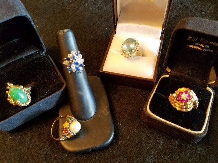 14 kt. gold Jade ring, 14 kt. white gold sapphire & diamond ring, 18 kt. gold pearl & enamel ring, 14 kt. gold aquamarine & diamond ring, 14 kt. gold ruby & diamond ring  