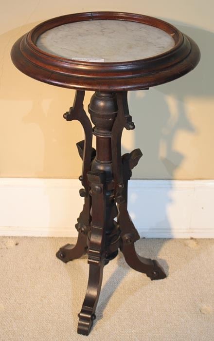 030a  Walnut Victorian lamp stand with white inserted marble, 29 in . T, 17 in. Dia.