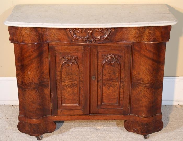 107a  Flame mahogany Empire washstand with serpentine front, possibly Meeks with white marble top