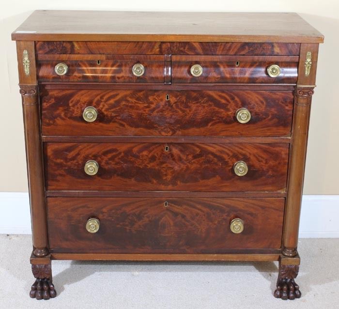 125a  Mahogany Empire 5 drawer chest with column front, original brass pulls and claw feet, 42 in. T, 42 in. W, 19 in. D.