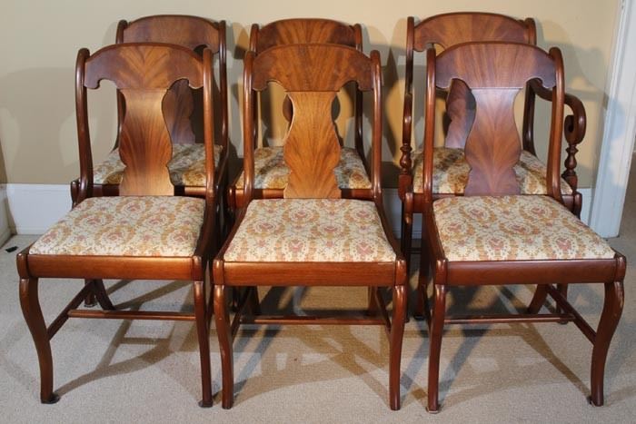 130a  Set of 6 mahogany Empire dining chairs, 5 sides and 1 arm  36 in. T, 21 in. W, 17 in. D.
