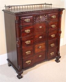 141c  Chippendale style solid mahogany 5 drawer chest with claw feet, gadrooned edge and gallery, 45 in. T, 39 in. W, 21 in. D.