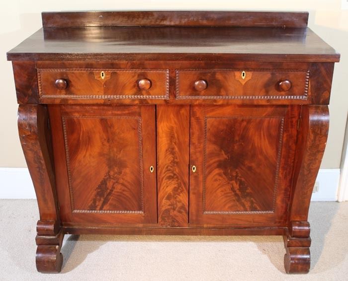 158a  Mahogany Empire server with large scroll feet, all original, 46 in. T, 53 in. W, 22 in. D.