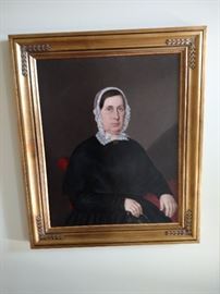 1850's framed oil painting on canvas of a woman, restored 35 7/8 x 28 7/8 without frame