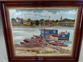 Violet Schoenberg framed oil painting on canvas depicting downtown St. Charles riverfront 