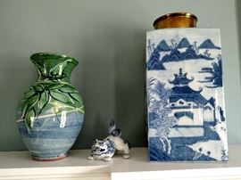 Pair of French art pottery vases, pair of small blue and white foo dogs and a pair of Mottahedeh ginger jars