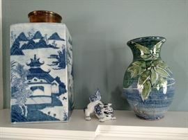 Pair of French art pottery vases, pair of small blue and white foo dogs and a pair of Mottahedeh ginger jars