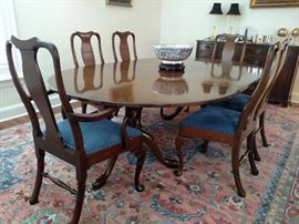 Kittinger Furniture Co. double pedestal mahogany dining table with six chairs