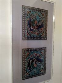 Pair of Chinese porcelain tiles in a lucite frame
