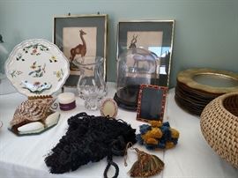 Pair of prints, dome, frames, etc.