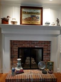 Wooden decoy, pottery, pewter, etc