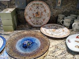 Art glass plate and a pair of French pottery plates