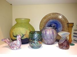 Collection of art glass including Charles Schneider large yellow and blue vase, Millefiori bird figure, French glass vase and a small Daum vase front right
