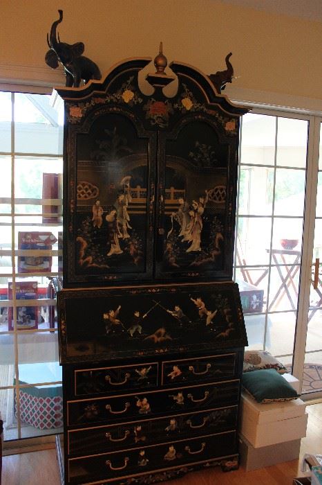 TEAKWOOD SECRETARY , WITH BLACK LACQUER FINISH WITH CHINOISERIE.   