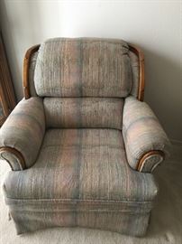 Fabric chair with wood trim   approx 38 inch ht  38 inch wide and 41 inch depth  (seat alone 20 inch)