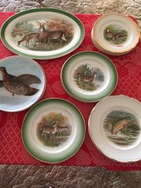 A number of plates/platters   (Fish)  (Birds)  (Deer)  (Animals)   Artists:  D.E. McNicol   Carnation McNigol   Dresden,  R.K. Beck   Sterling China and more.
