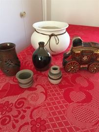 Pottery & Empty decanter Overland Express  EZRA Brooks