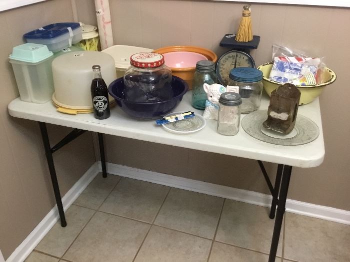 Kitchen - tupperware, old jars, vintage scale, etc