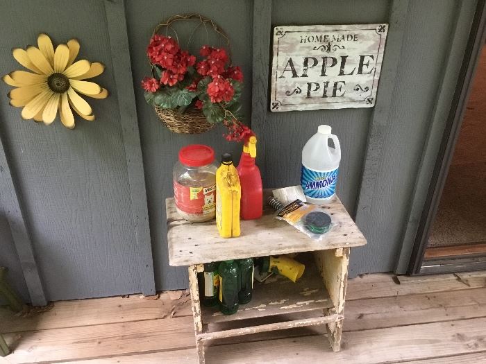 Vintage stool, outdoor items, signs, etc - on patio