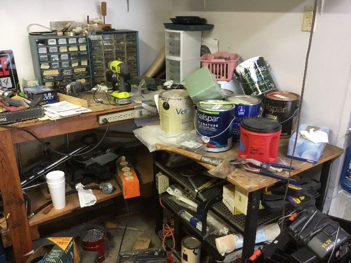 Storage items in garage along with tables - all must go