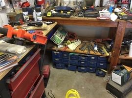 Blue 18 drawer cabinet - with contents; red tool box on left