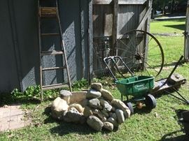 Rock waterfall small pool/pond; spreader, vintage wood ladder, disc, vintage wheel