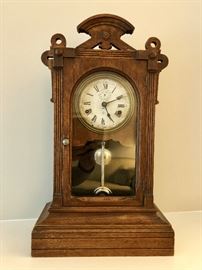 Antique Ansonia Carved Oak Mantle Clock With Alarm  