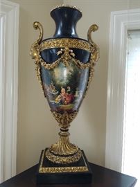 One of a matching pair (a different scene on front and back) of gilt ormolu mounted marble urns.  BIG and HEAVY!
