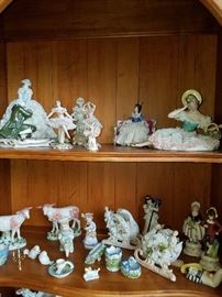 Dresden lace as-is figurines, Elfin Ware in middle of lower shelf