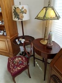 Oval stand, Needlepoint side chair, Mahogany lamp/table, Stained glass panel lamp