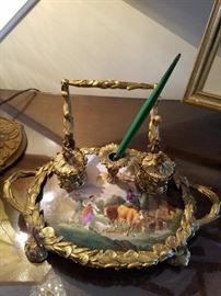 Bronze (?) mounted ink stand with central hand-painted porcelain scenic plaque