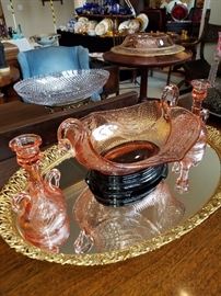 Swan pattern pink glass console set with original black amethyst stand for bowl.