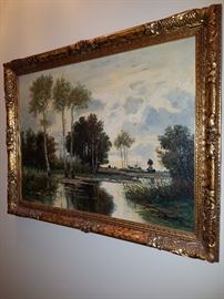 Signed painting by J. Harrow.  Painting has flake of paint missing from the sky