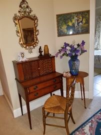 Tambour desk, ornate mirror, tiger maple oval stand, rush seat chair