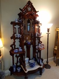Over-the-top Victorian/Gothic etagere!  Solid walnut with a marble surface.  Wow!