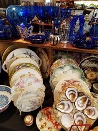 More plates (Oyster, R.S. Prussia, Haviland, etc.) and blue glass