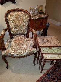 Tapestry upholstered arm chair.  Set of three (Kozak?) nesting tables