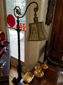 Bridge lamp with carved wood base, and painted screen shade