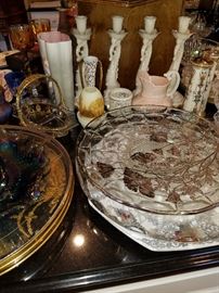 Glass trays, Fenton fairy lamp, Lenox, candlesticks, etc.
