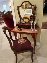 Small table, Shaving mirror (shield shape), needlepoint chair, etc.