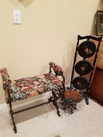 Cast iron bench with arms, Folding dessert stand, etc.
