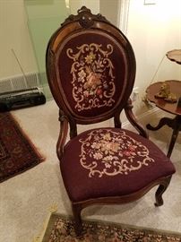 Needlepoint upholstered Victorian medallion back chair